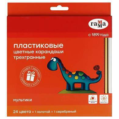 Карандаши цветные пластиковые Гамма "Мультики", 24цв.+1 золотой +1 серебряный, трехгранные, заточен, европодвес (арт. 361795)
