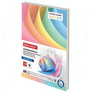 Бумага цветная BRAUBERG, А4, 80 г/м2, 100 л., (5 цветов х 20 листов), пастель, для офисной техники, 112460 (арт. 112460)