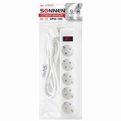 Сетевой фильтр SONNEN SPW-185, 5 розеток с заземлением, выключатель, 10 А, 1,8 м, белый, 513653 (арт. 513653)