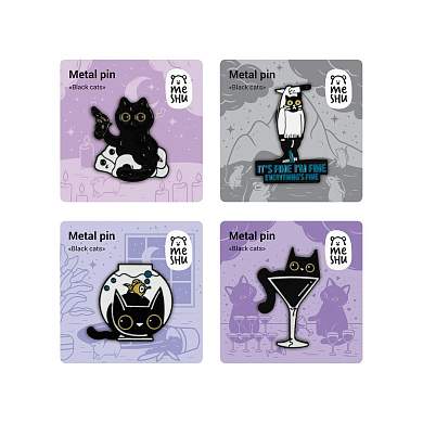 Набор металлических значков MESHU "Black cats", эмаль, 4шт, картонная подложка, европодвес (арт. 368830)
