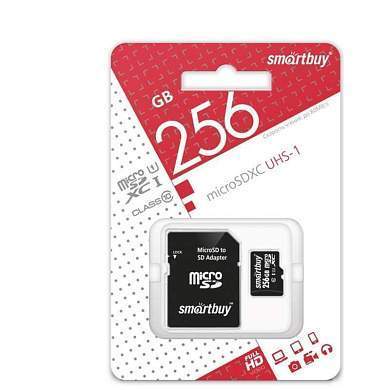 Карта памяти SmartBuy MicroSDXC 256GB UHS-1, Class 10, скорость чтения 90Мб/сек (с адаптером SD) (арт. 346101)