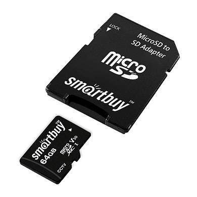 Карта памяти SmartBuy MicroSDHC 64GB UHS-1, Class 10, скорость чтения 95Мб/сек, для видеонаблюдения (с адаптером SD) (арт. 384278)