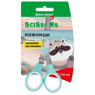 Ножницы BRAUBERG KIDS 130 мм, ручки мятные, закругленные лезвия с линейкой, 274062 (арт. 274062)