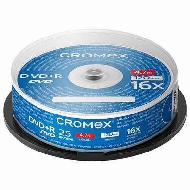 Диски DVD+R (плюс) CROMEX, 4,7 Gb, 16x, Cake Box (упаковка на шпиле), КОМПЛЕКТ 25 шт., 513777 (арт. 513777)