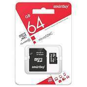 Карта памяти SmartBuy MicroSDHC 64GB, Class 10, скорость чтения 20Мб/сек (с адаптером SD) (арт. 347735)