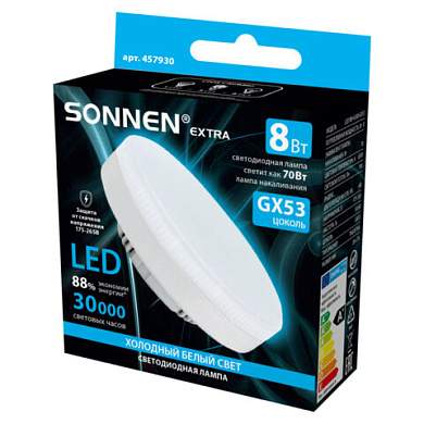 Лампа светодиодная SONNEN EXTRA, 8 (70) Вт, GX53, таблетка, холодный белый, 30000 ч, LED 8W-6500-GX53, 457930 (арт. 457930)