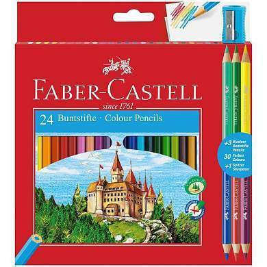 Карандаши цветные Faber-Castell "Замок", 24цв., шестигр., заточ.+6цв.+точилка, картон, европодвес (арт. 286621)