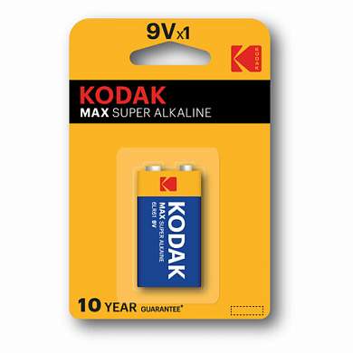 Батарейка алкалиновая 1 шт. KODAK Max Super Alkaline, Крона 9V (6LR61, 6LF22, 1604A), блистер, Б0005130 (арт. 457375)
