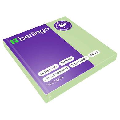 Самоклеящийся блок Berlingo "Ultra Sticky", 75*75мм, 100л., пастель, зеленый (арт. 270293)