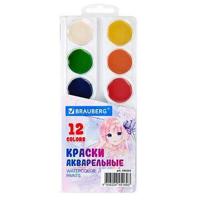 Краски акварельные BRAUBERG 12 цветов "Аниме", медовые, круглые кюветы, 192552 (арт. 192552)