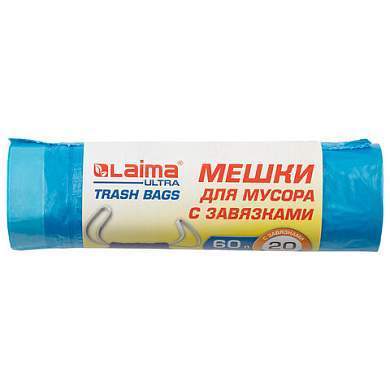 Мешки для мусора с завязками LAIMA "ULTRA" 60 л, синие, рулон 20 шт., прочные, ПНД 17 мкм, 60х70 см, 607692 (арт. 607692)