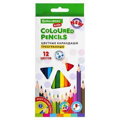Карандаши цветные BRAUBERG KIDS NEW, 12 цветов, трехгранные, грифель 3 мм, 182001 (арт. 182001)