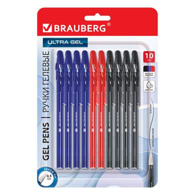Ручки гелевые BRAUBERG "ULTRA GEL", НАБОР 10 ШТУК (4 ЧЕРНЫХ, 4 СИНИХ, 2 КРАСНЫХ), стандартный наконечник 0,5 мм, линия 0,35 мм, 144270 (арт. 144270)