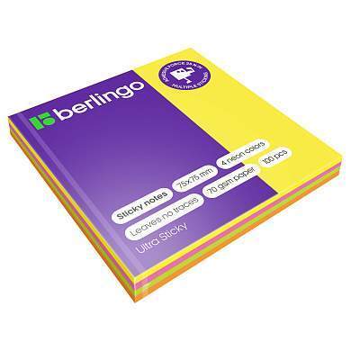 Самоклеящийся блок Berlingo "Ultra Sticky", 75*75мм, 100л., 4 неоновых цвета (арт. 270286)