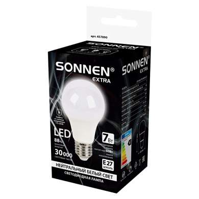Лампа светодиодная SONNEN EXTRA, 7 (60) Вт, Е27, груша, нейтральный белый, 30000 ч, LED A60-7W-4000-Е27, 457890 (арт. 457890)