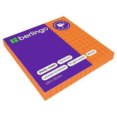 Самоклеящийся блок Berlingo "Ultra Sticky", 75*75мм, 80л., в клетку, оранжевый неон (арт. 287191)