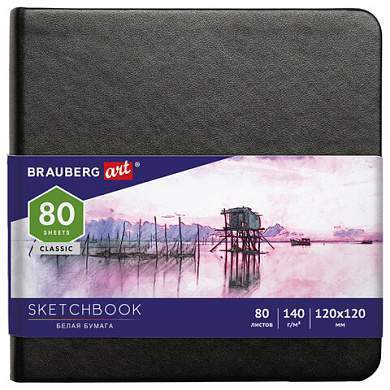 Скетчбук, белая бумага 140 г/м2 120х120 мм, 80 л., КОЖЗАМ, резинка, BRAUBERG ART CLASSIC, черный, 113181 (арт. 113181)