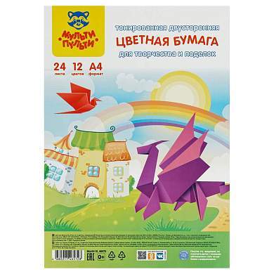 Цветная бумага тонированная А4, Мульти-Пульти, 24л., 12цв., в пакете, "Енот в России" (арт. 347190)