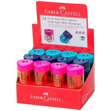 Точилка пластиковая со "шторкой" Faber-Castell "Grip Auto Mini" 1 отверстие, контейнер, розовая/бирюзовая/синяя (арт. 306096)