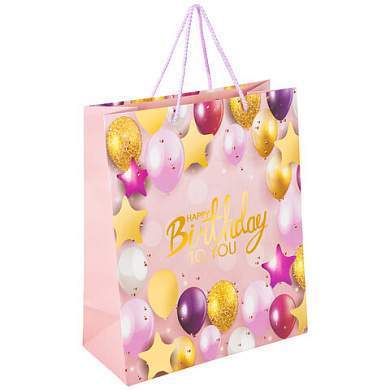 Пакет подарочный (1 штука) 26x13x32 см, ЗОЛОТАЯ СКАЗКА "Happy Birthday", фольга, розовый, 608238 (арт. 608238)