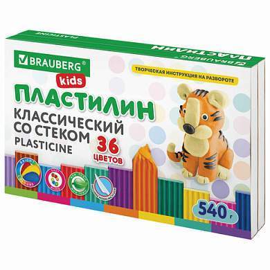 Пластилин классический BRAUBERG KIDS, 36 цветов, 540 грамм, стек, ВЫСШЕЕ КАЧЕСТВО, 106678 (арт. 106678)