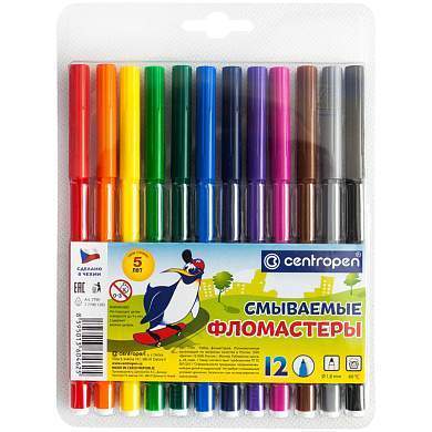 Фломастеры Centropen "Washable", 12цв., смываемые, блистер (арт. 004999)