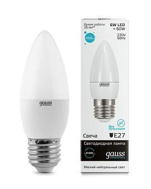 Gauss Elementary Свеча E27 6W(450lm) 4100K 4K 100x37 матовая, пластик/алюм. 33226 (арт. 421153)