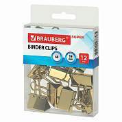 Зажимы для бумаг BRAUBERG EXTRA, КОМПЛЕКТ 12 шт., 19 мм, на 60 л., золотистые, европодвес, 229586 (арт. 229586)