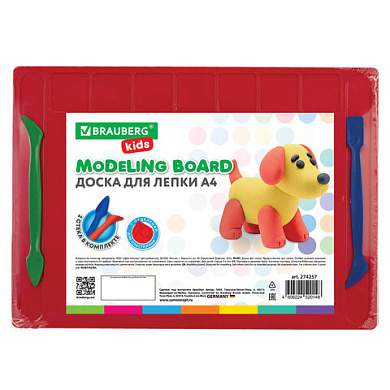 Доска для лепки А4, 280х200 мм, BRAUBERG KIDS, красная, 7 отделений для пластилина, 2 стека, 274257 (арт. 274257)