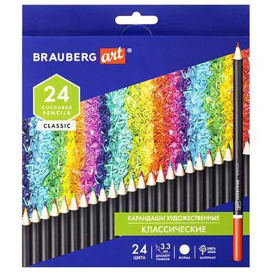 Карандаши художественные цветные BRAUBERG ART CLASSIC, 24 цвета, МЯГКИЙ грифель 3,3 мм, 181537 (арт. 181537)
