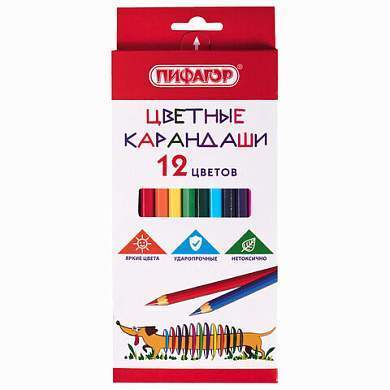 Карандаши цветные ПИФАГОР "Веселая такса", 12 цветов, шестигранные, натуральное дерево, 181806 (арт. 181806)