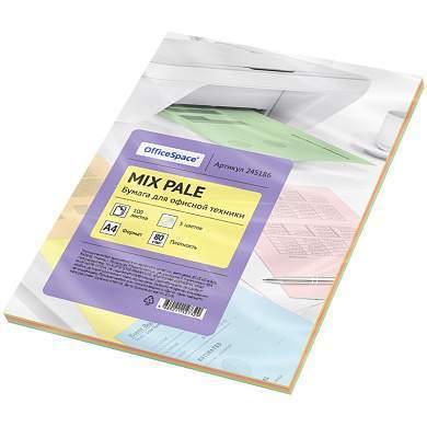 Бумага цветная OfficeSpace pale mix А4, 80г/м2, 100л. (5 цветов) (арт. 245186)