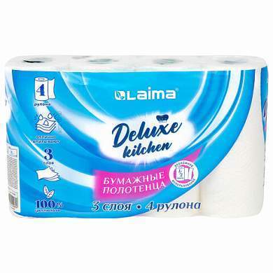 Полотенца бумажные 3-х слойные, 4 рулона по 11 м (отрыв 1/2 листа), LAIMA Deluxe, 100% целлюлоза, 115400 (арт. 115400)