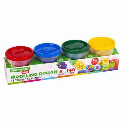 Пластилин-тесто для лепки BRAUBERG KIDS, 4 цвета, 560 г, яркие классические цвета, крышки-штампики, 106715 (арт. 106715)