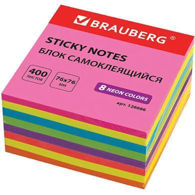 Блок самоклеящийся (стикеры), BRAUBERG, НЕОНОВЫЙ, 76х76 мм, 400 листов, 8 цветов, 126686 (арт. 126686)