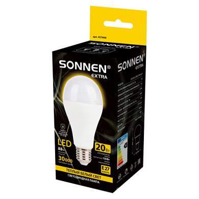 Лампа светодиодная SONNEN EXTRA, 20 (150) Вт, Е27, груша, теплый белый, 30000 ч, LED A65-20W-2700-Е27, 457898 (арт. 457898)