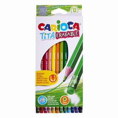 Карандаши цветные стираемые с резинкой CARIOCA "Erasable", 12 цветов, шестигранные, грифель 3 мм, 42897 (арт. 181699)