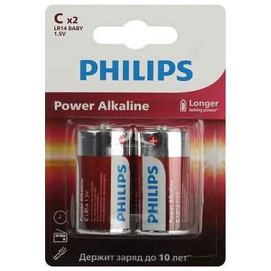 Батарейки алкалиновые КОМПЛЕКТ 2 шт., PHILIPS Power Alkaline, C (LR14, 14А), блистер, Б0062687 (арт. 457392)