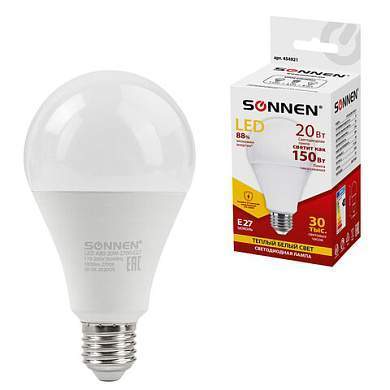 Лампа светодиодная SONNEN, 20 (150) Вт, цоколь Е27, груша, теплый белый, 30000 ч, LED A80-20W-2700-E27, 454921 (арт. 454921)