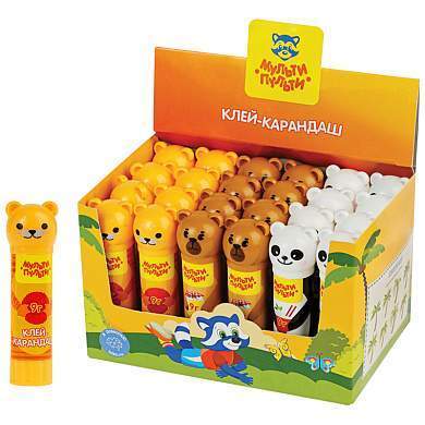 Клей-карандаш Мульти-Пульти "Зверята: Кот, Мишка, Панда", 09г, колпачок в форме животного, ПВП (арт. 305043)