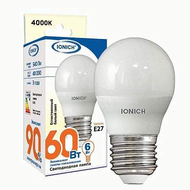 IONICH шар G45 E27 6W(540lm) 4000К 4K 45x80 матов./пластик/алюм ILED-SMD2835-G45 1542 (арт. 773276)
