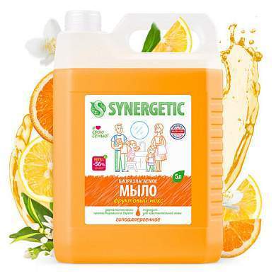 Мыло жидкое 5 л SYNERGETIC "Фруктовый микс", гипоаллергенное, биоразлагаемое, 105502 (арт. 608029)