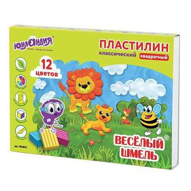 Пластилин классический ЮНЛАНДИЯ "ВЕСЁЛЫЙ ШМЕЛЬ", 12 цветов, 204 г, СО СТЕКОМ, КВАДРАТНЫЙ, 104823 (арт. 104823)
