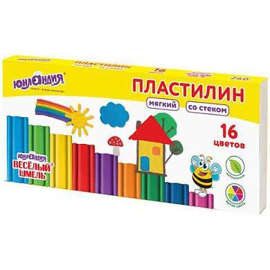 Пластилин мягкий ЮНЛАНДИЯ "ВЕСЕЛЫЙ ШМЕЛЬ", 16 цветов, 240 г, СО СТЕКОМ, 106673 (арт. 106673)