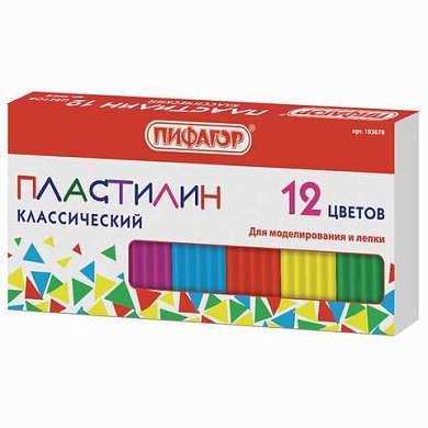 Пластилин классический ПИФАГОР, 12 цветов, 120 г, картонная упаковка, 103678 (арт. 103678)