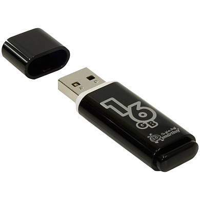 Память Smart Buy "Glossy" 16GB, USB 2.0 Flash Drive, черный (арт. 230851)