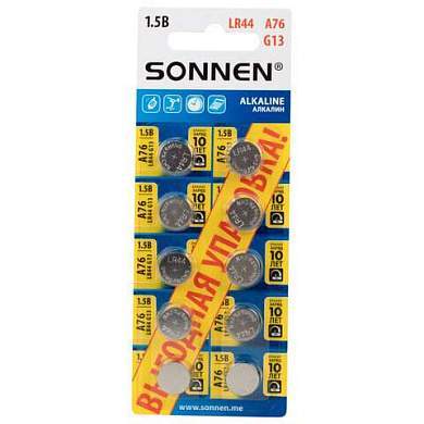 Батарейки алкалиновые "таблетка" КОМПЛЕКТ 10 шт., SONNEN Alkaline 76A (G13, LR44), в блистере, 457137 (арт. 457137)