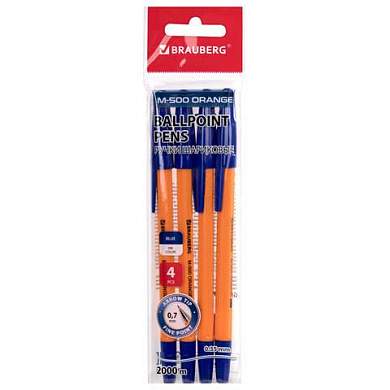 Ручки шариковые BRAUBERG "M-500 ORANGE", НАБОР 4 шт., СИНИЕ, узел 0,7 мм, линия письма 0,35 мм, 143950 (арт. 143950)