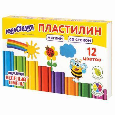 Пластилин мягкий ЮНЛАНДИЯ "ВЕСЕЛЫЙ ШМЕЛЬ", 12 цветов, 180 г, СО СТЕКОМ, 106672 (арт. 106672)