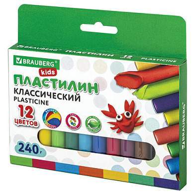 Пластилин классический BRAUBERG KIDS, 12 цветов, 240 г, ВЫСШЕЕ КАЧЕСТВО, 105873 (арт. 105873)